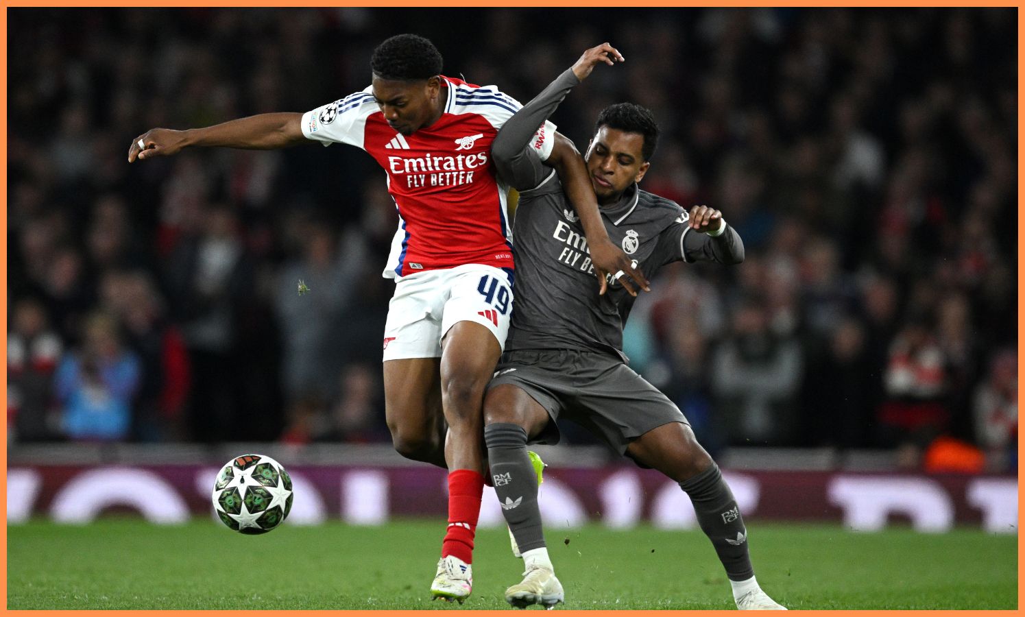 Myles Lewis-Skelly in action for Arsenal against Real Madrid