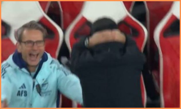 Mikel Arteta reacts to Declan Rice's free-kick against Real Madrid
