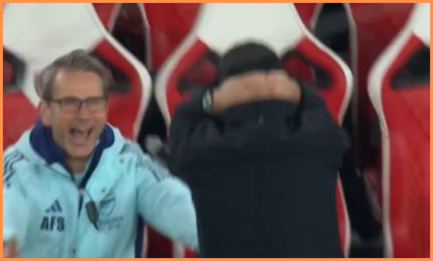 Mikel Arteta reacts to Declan Rice's free-kick against Real Madrid