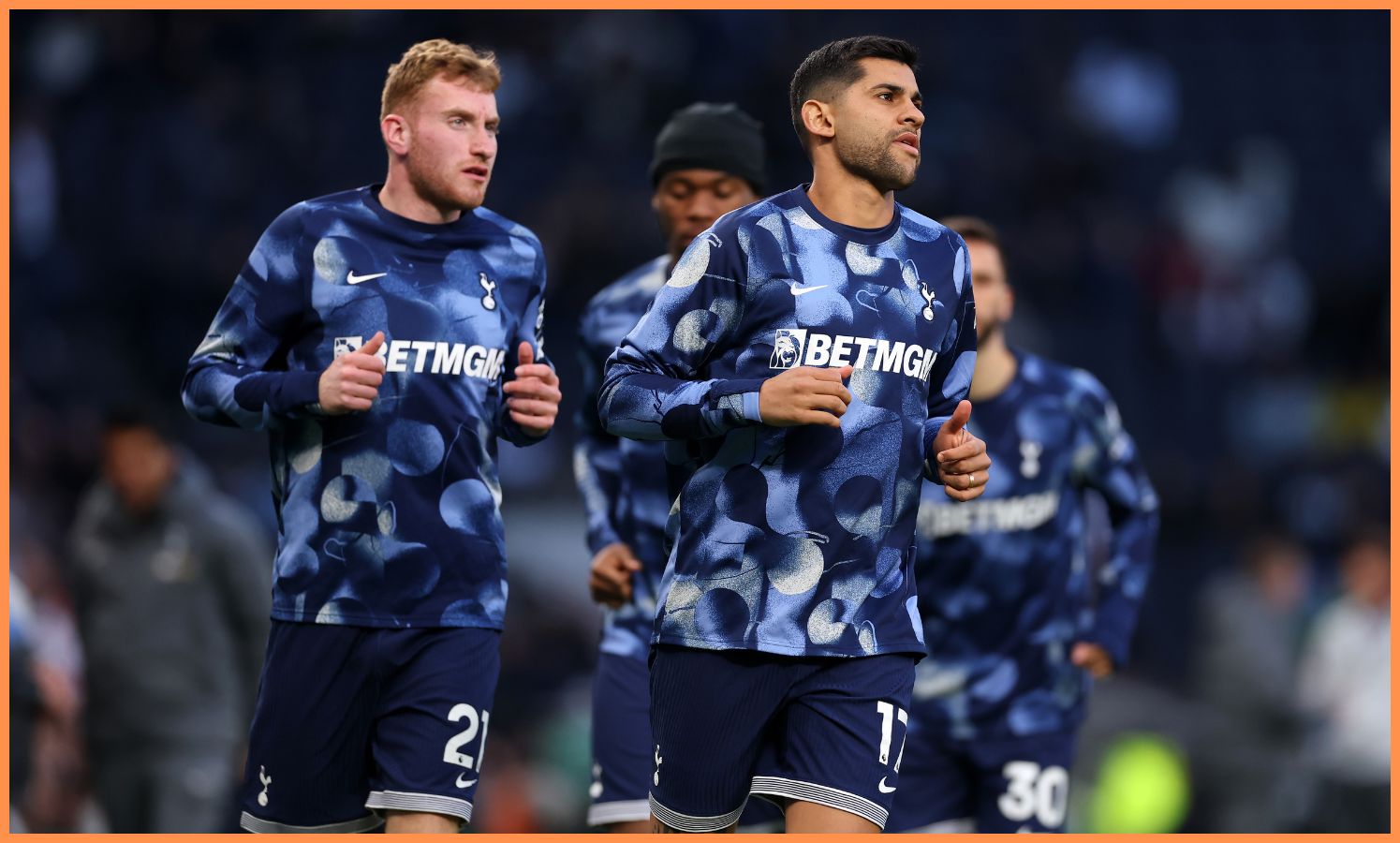 Cristian Romero in the pre-match warmup for Tottenham