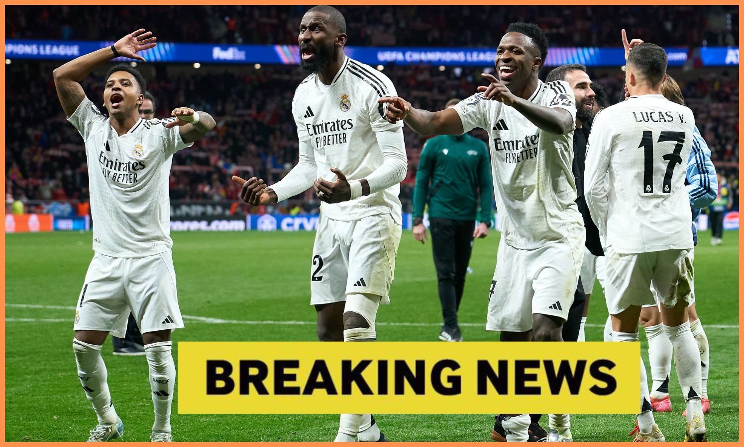 Rodrygo Goes, Antonio Rudiger and Vinicius Junior celebrate Real Madrid's win over Atletico Madrid