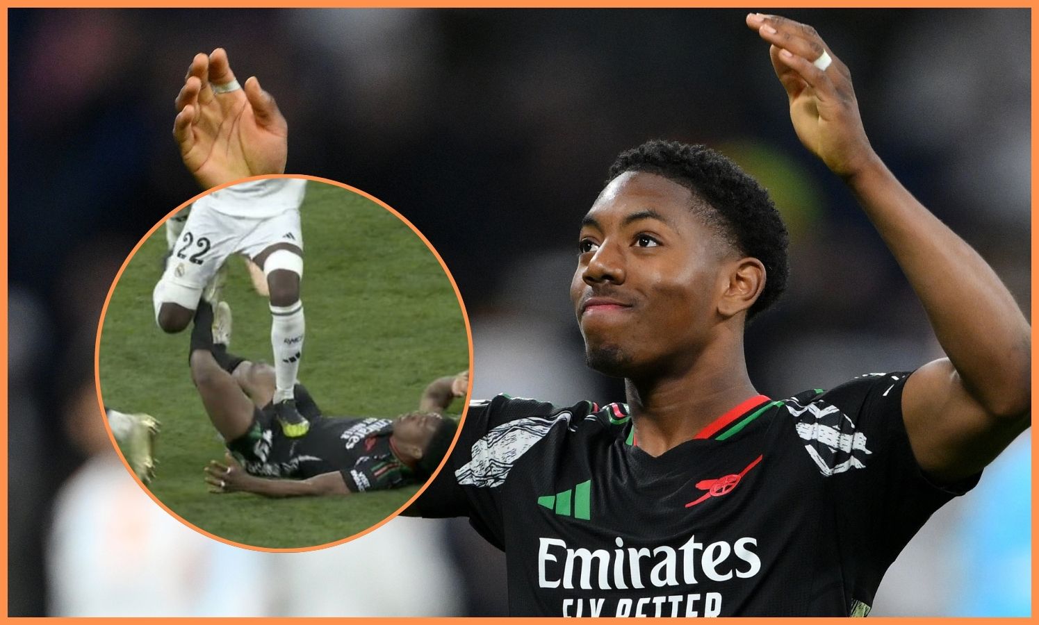 Myles Lewis-Skelly reacts during Arsenal's win over Real Madrid