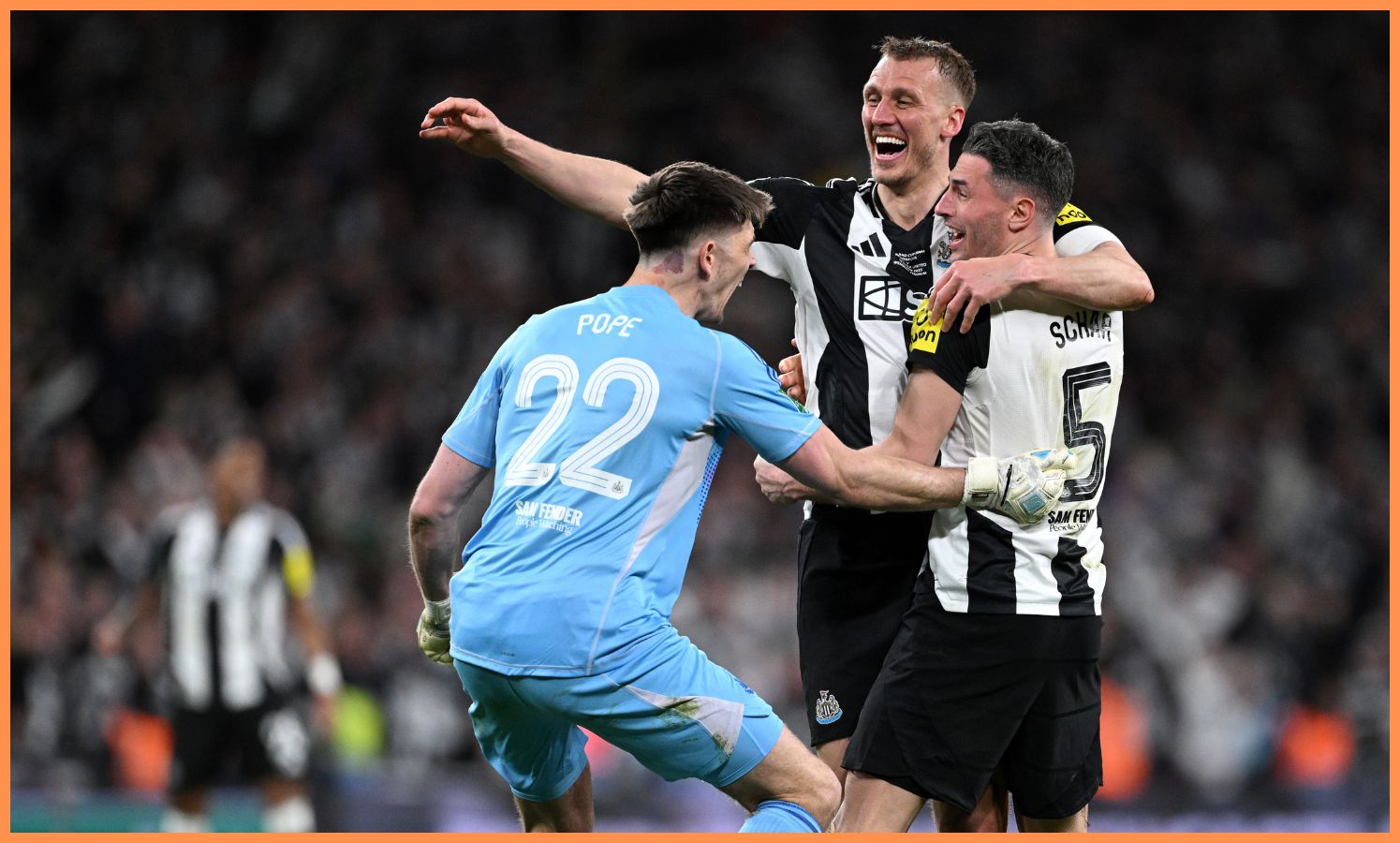 Nick Pope celebrates with his Newcastle teammates