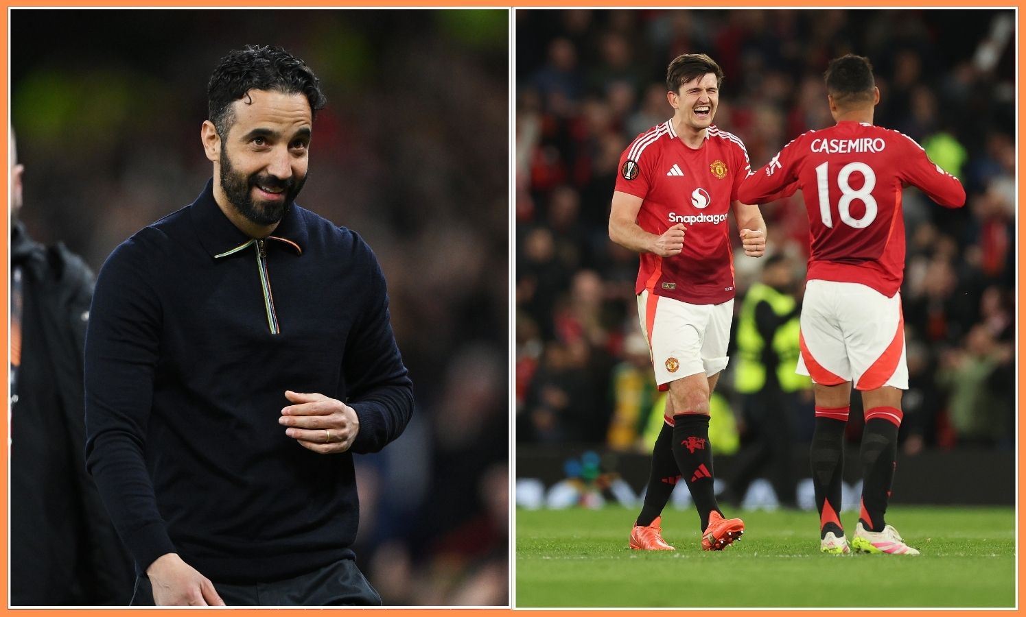 Ruben Amorim and Man United players celebrate after beating Lyon