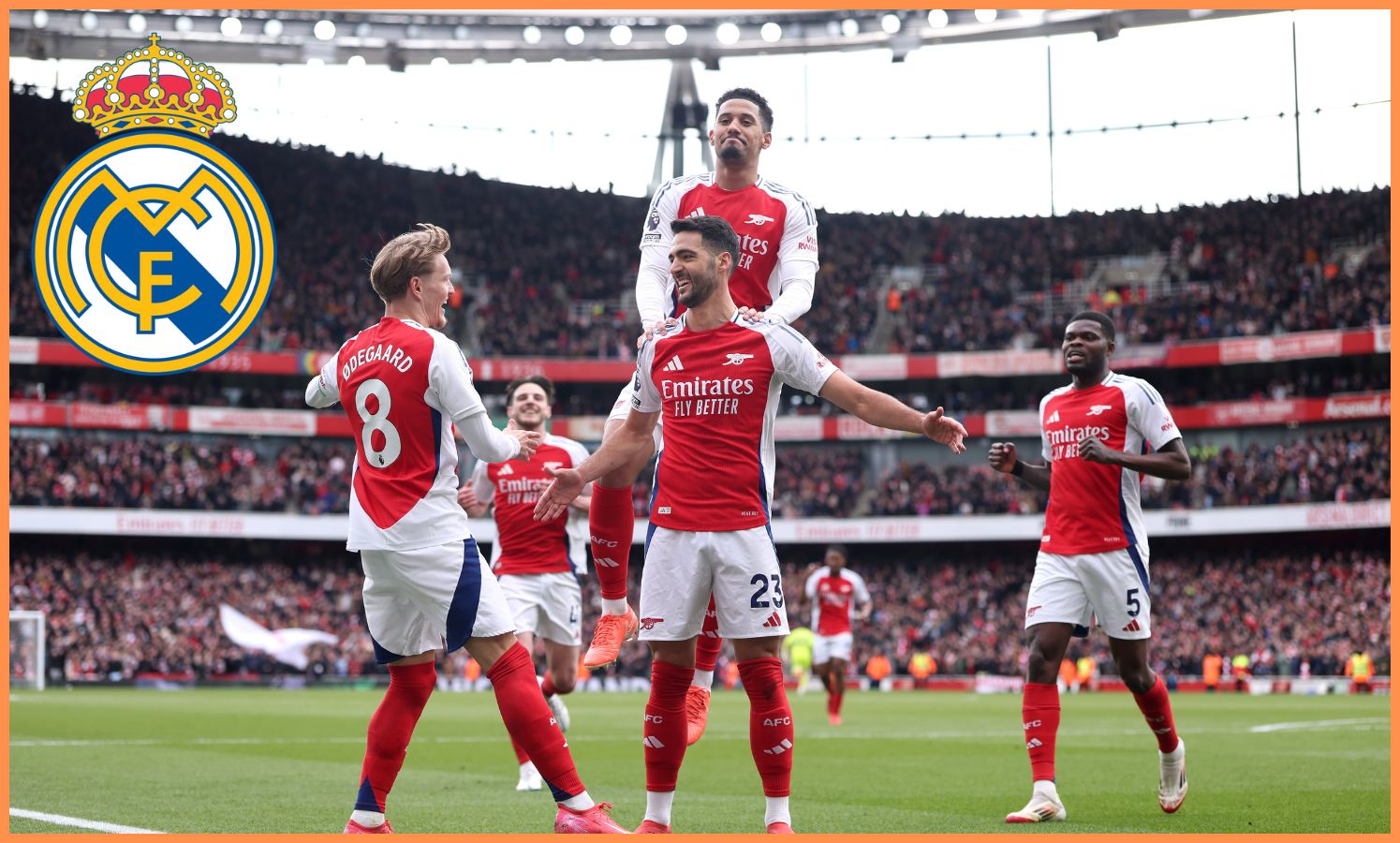 William Saliba celebrates Mikel Merino's goal for Arsenal against Chelsea