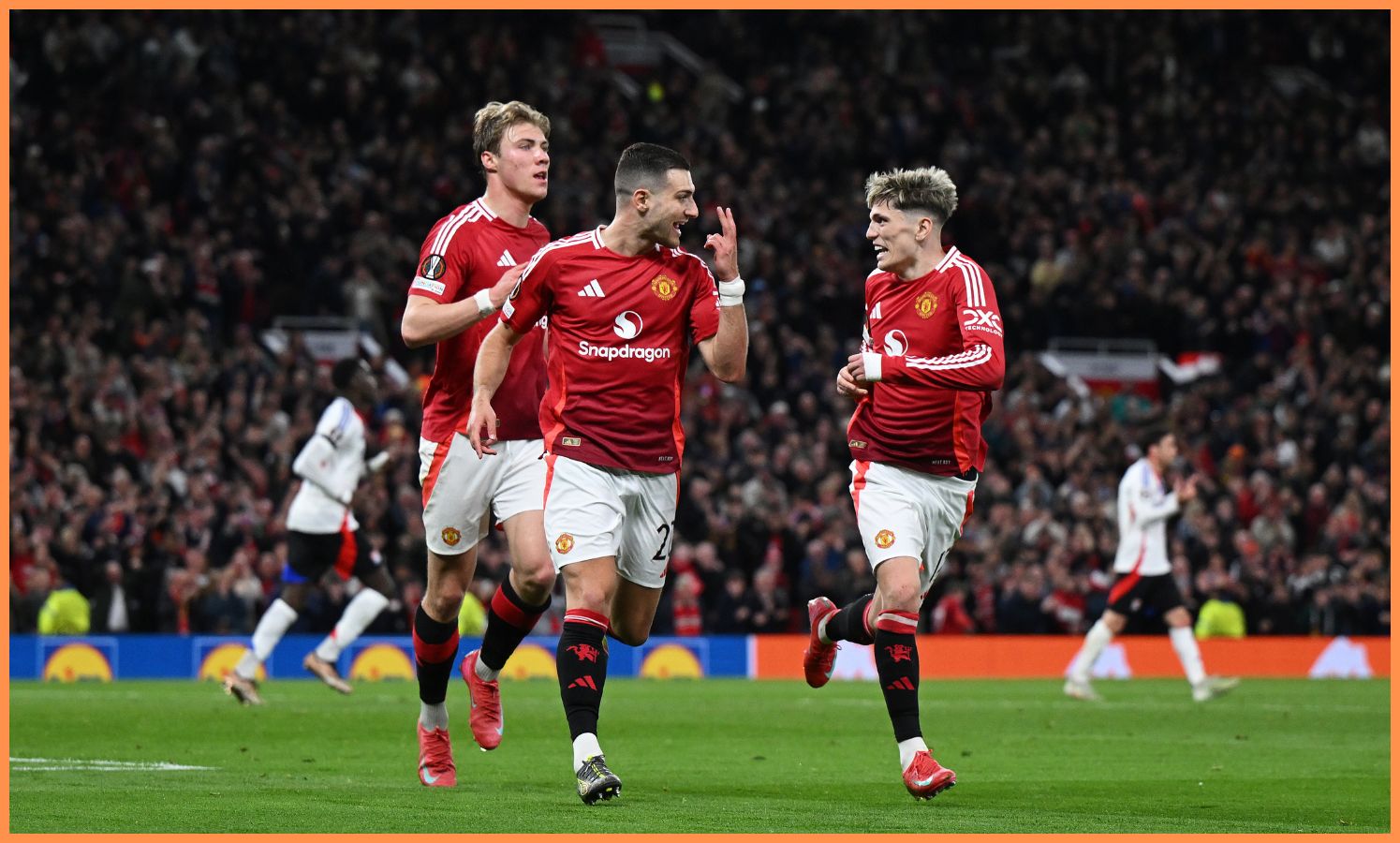 Rasmus Hojlund celebrates during Man Utd's win over Lyon