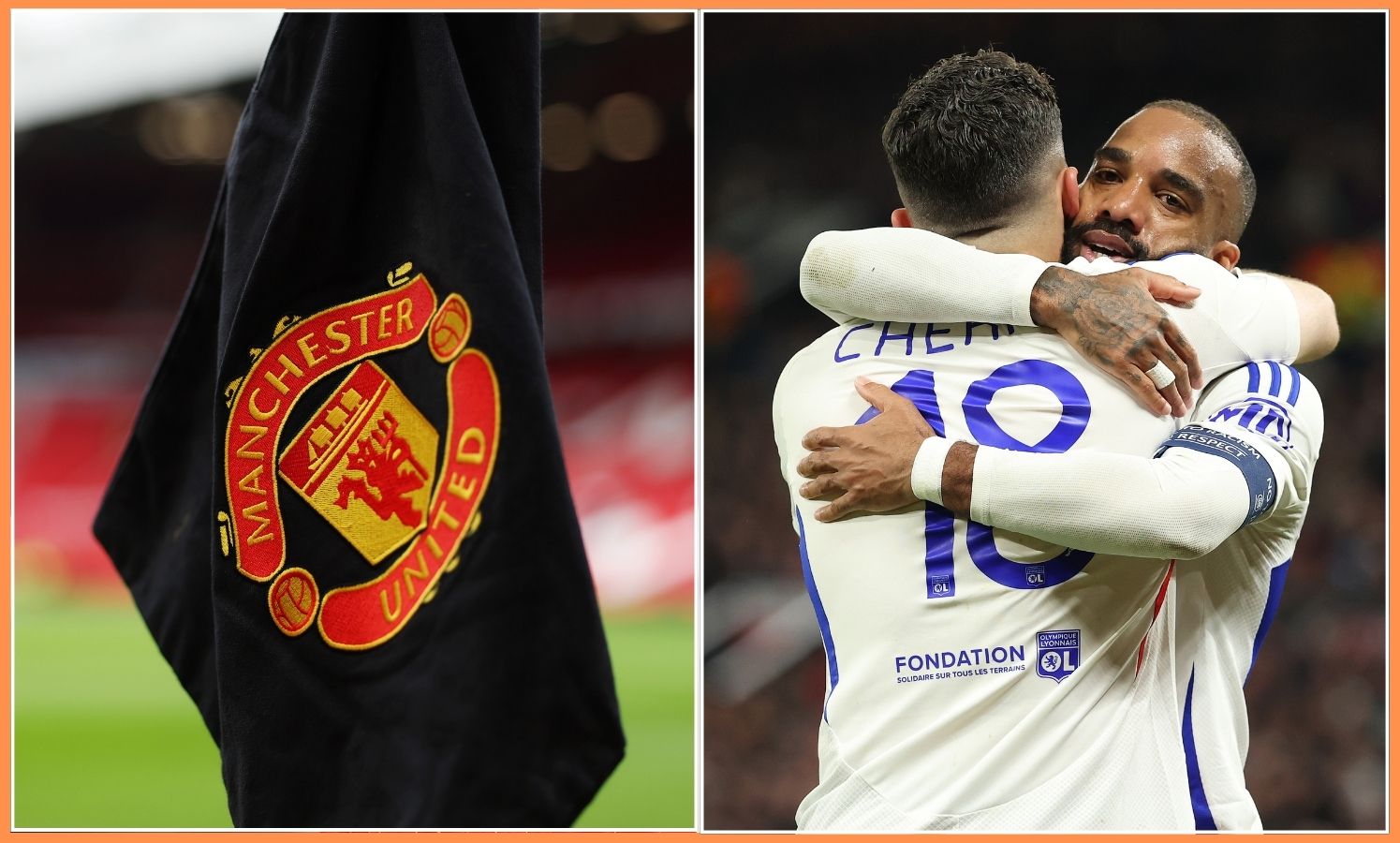 Rayan Cherki of Lyon and a Man Utd flag