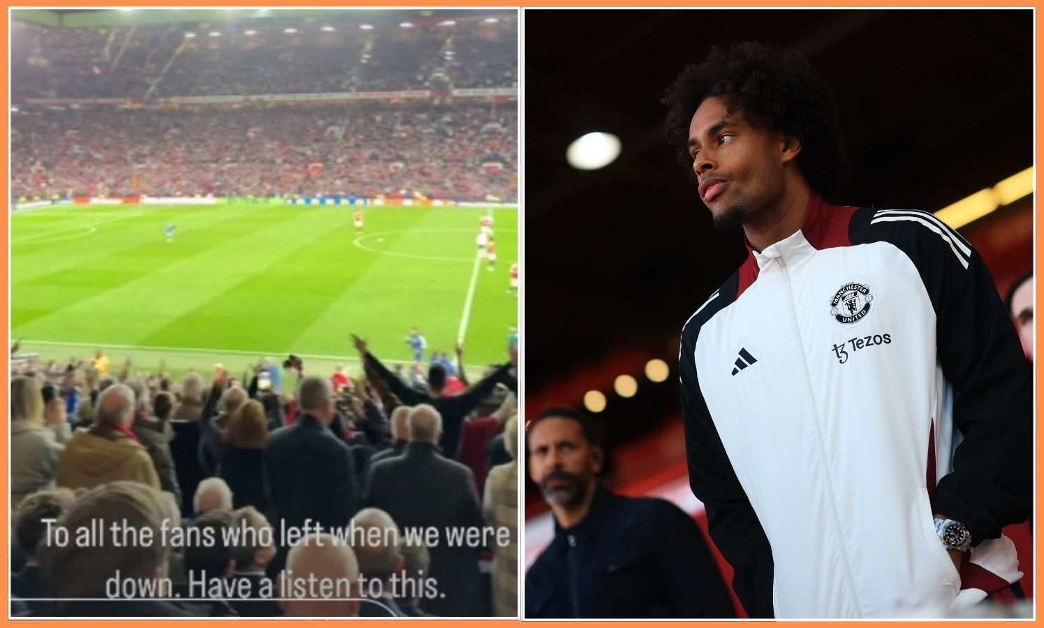 Joshua Zirkzee of Man Utd and a screen grab of Old Trafford