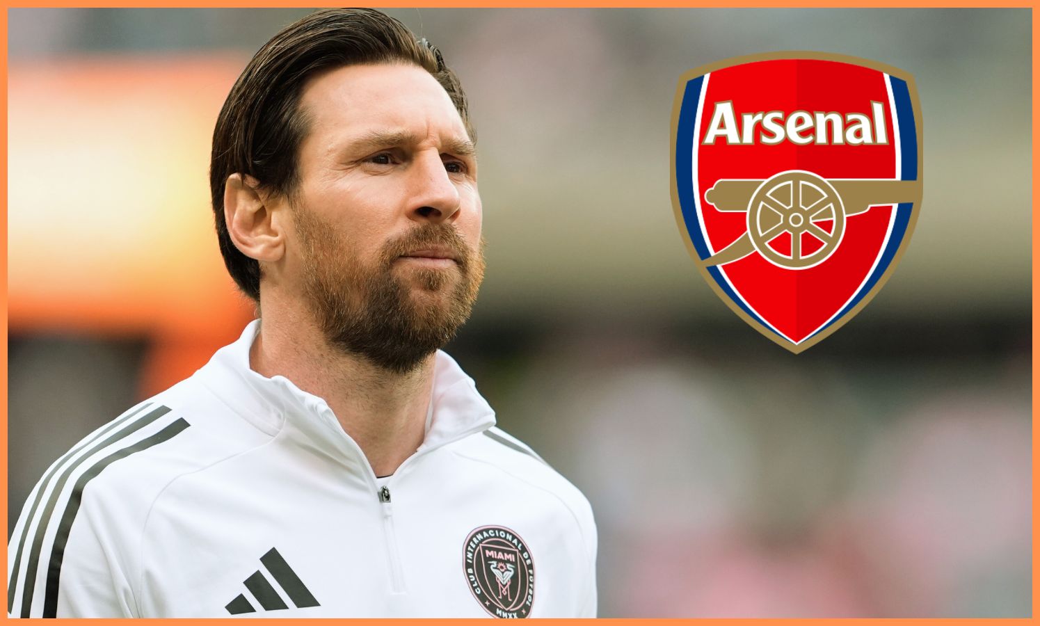 Lionel Messi of Inter Miami and the Arsenal FC logo