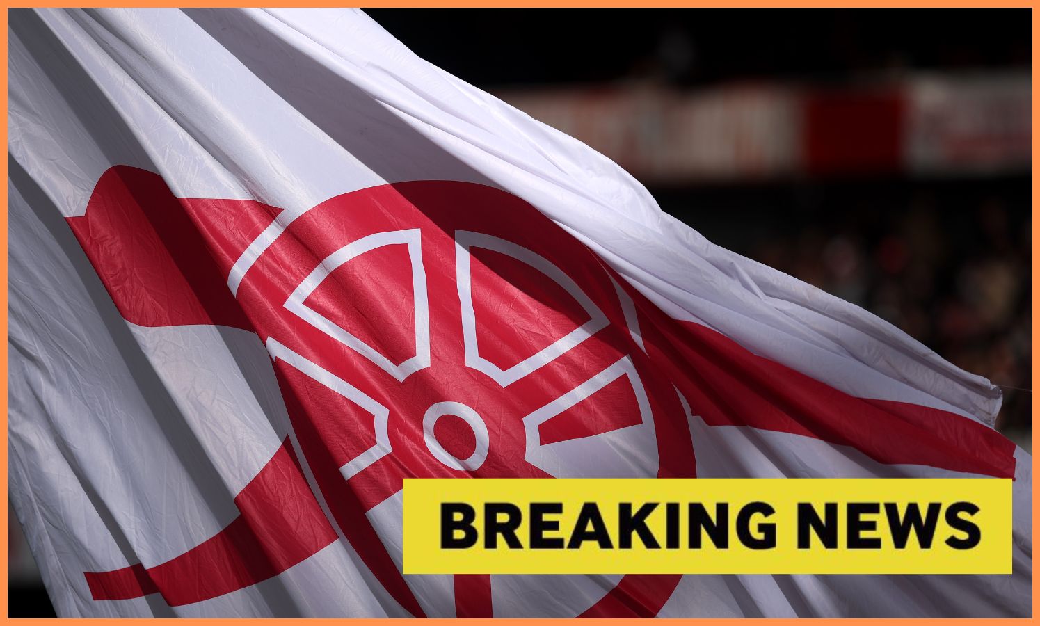 Arsenal flag at the Emirates Stadium with yellow 'breaking news' banner