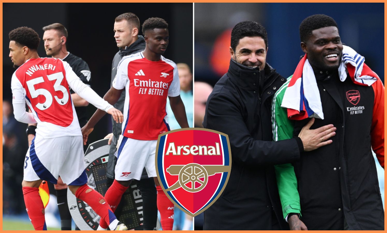 Ethan Nwaneri, Bukayo Saka, Mikel Arteta and Thomas Partey of Arsenal