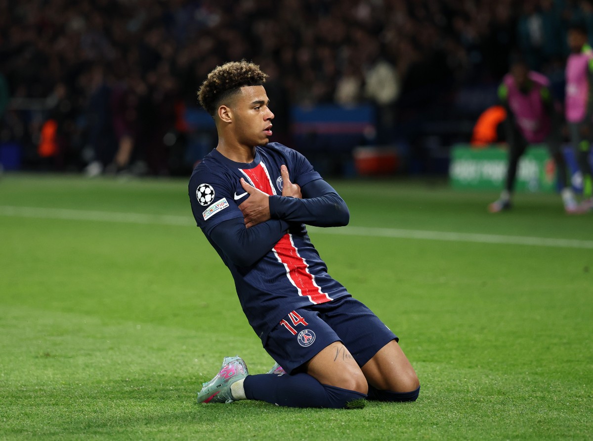 Desire Doue celebrates a goal for PSG against Aston Villa