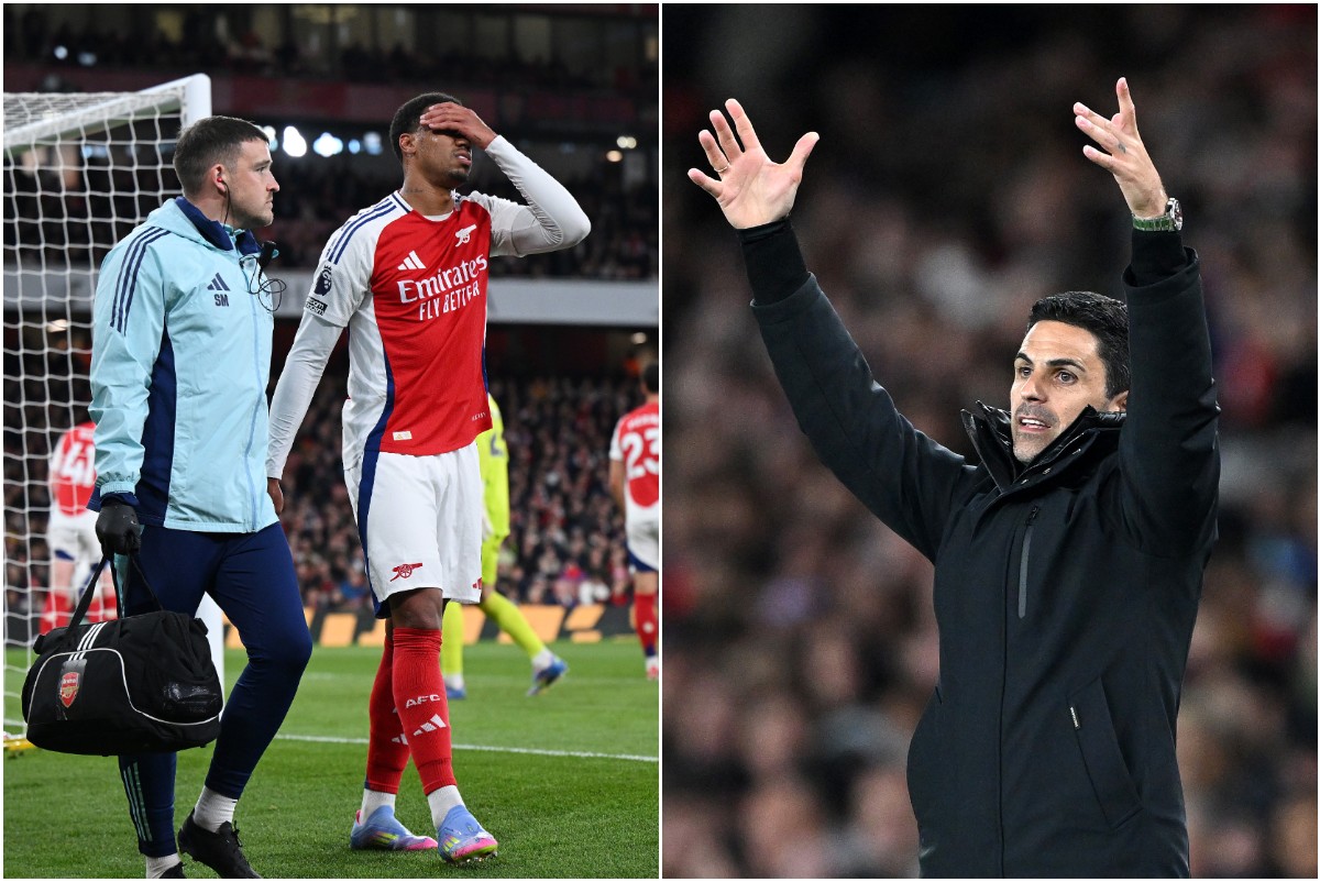 Gabriel Magalhaes and Mikel Arteta during Arsenal's win over Fulham