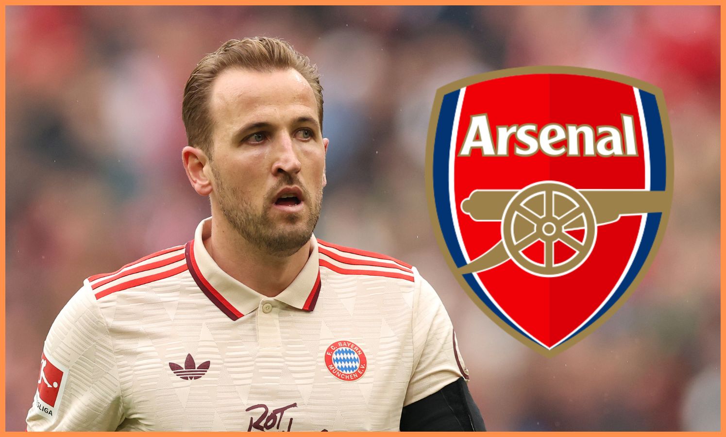 Harry Kane looks at Arsenal club badge.