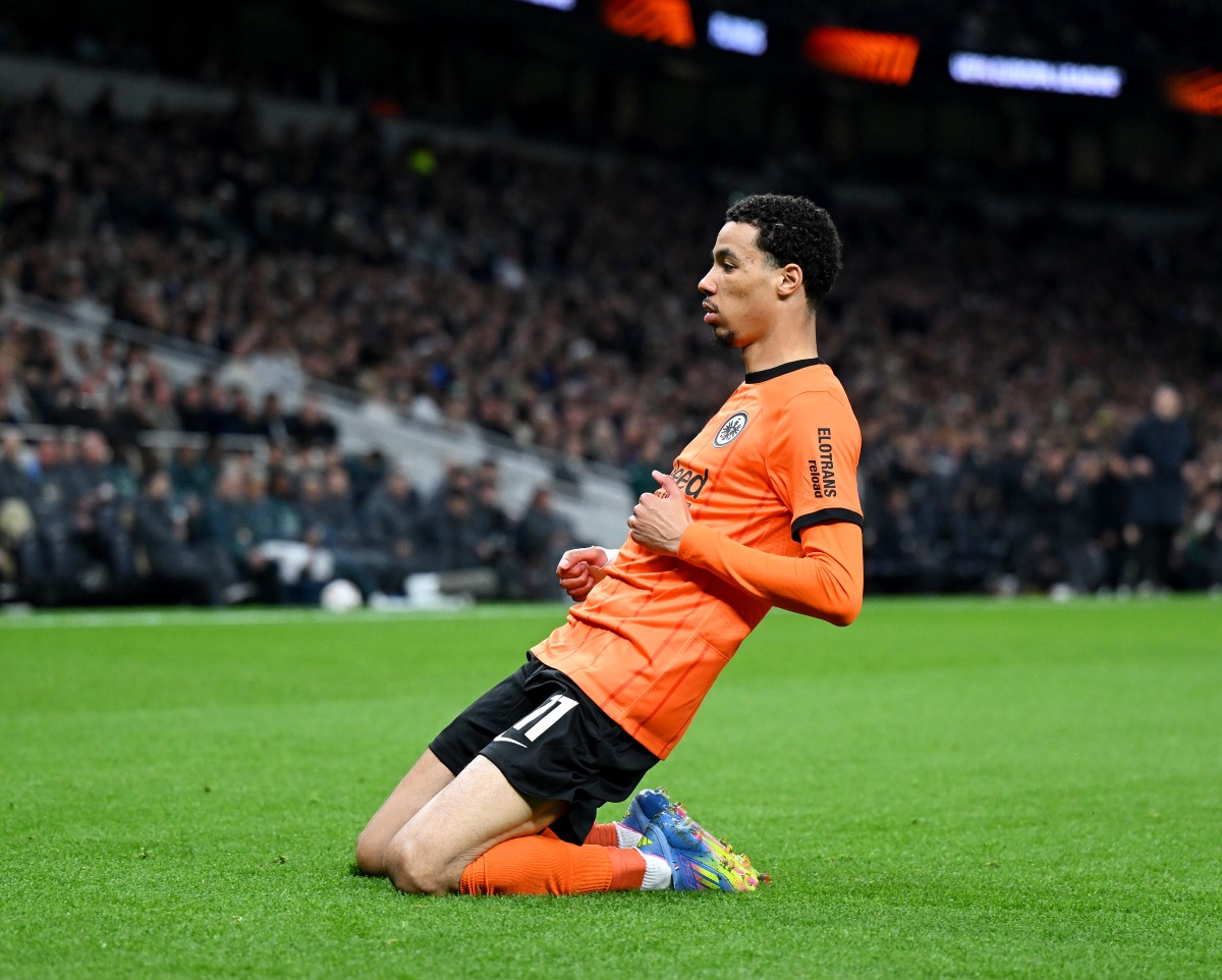 Hugo Ekitike celebrates scoring for Eintracht Frankfurt against Tottenham