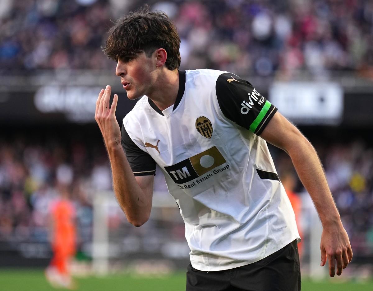 Javi Guerra celebrates a goal for Valencia