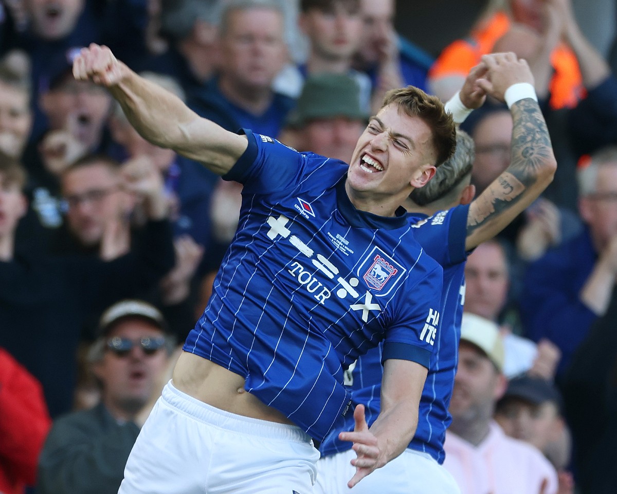 Liam Delap celebrates scoring for Ipswich