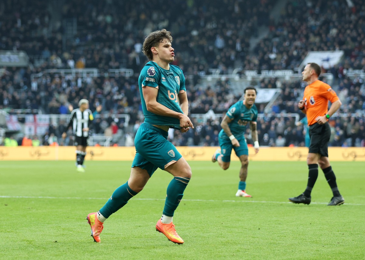 Milos Kerkez celebrates a goal for Bournemouth against Newcastle