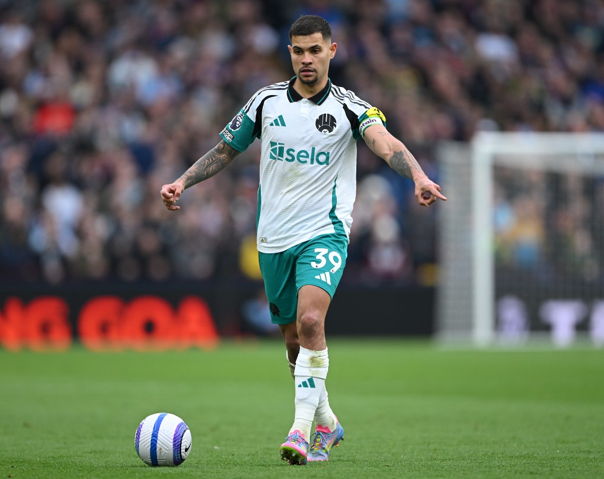 Newcastle midfielder Bruno Guimaraes in action against Aston Villa