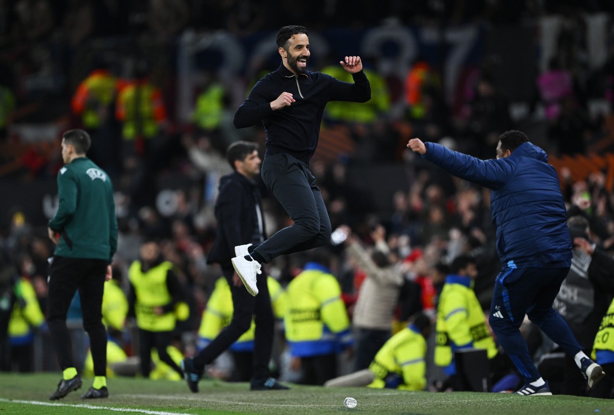 Ruben Amorim celebrates Man United's win over Lyon