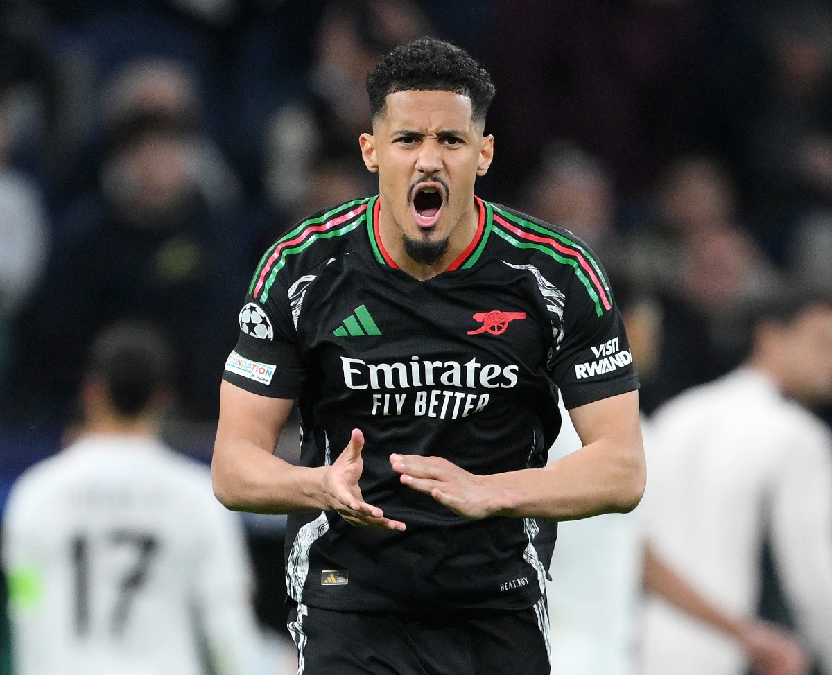 William Saliba celebrates during Arsenal's win over Real Madrid