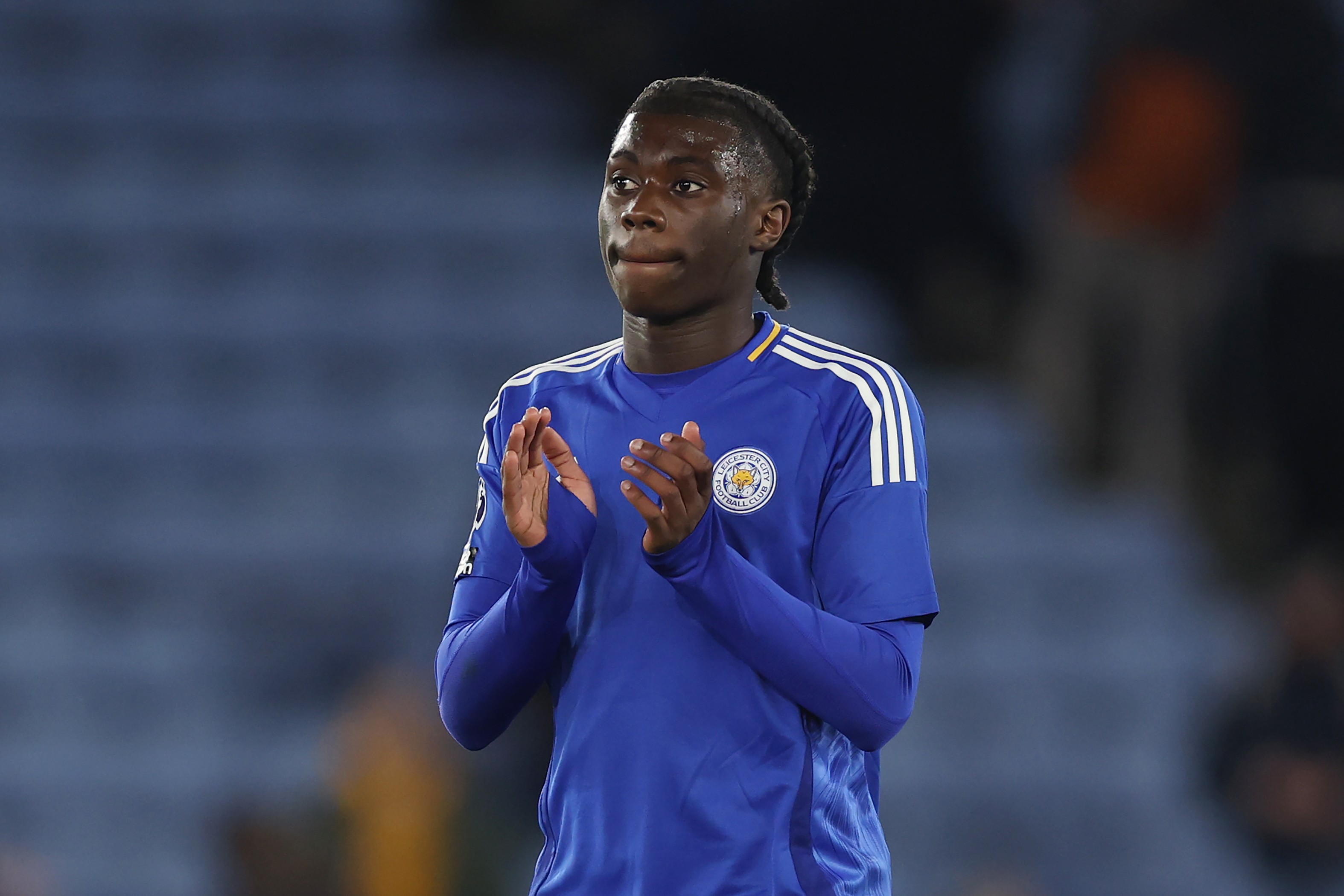 Jeremy Monga of Leicester City applauds the fans