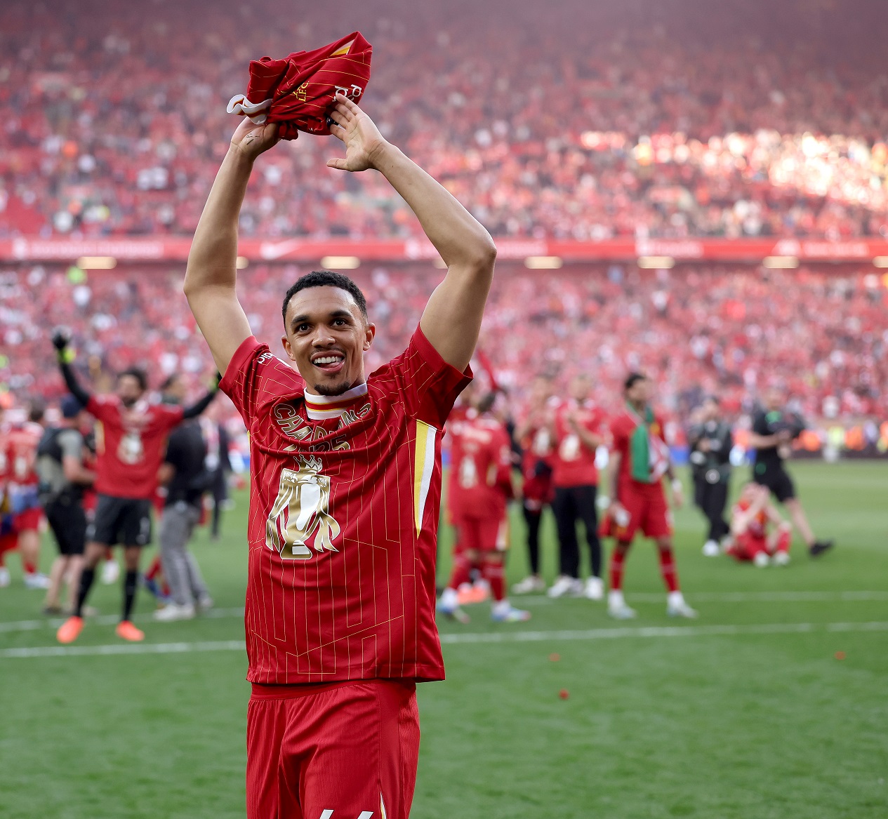 Trent Alexander-Arnold of Liverpool celebrates the title win