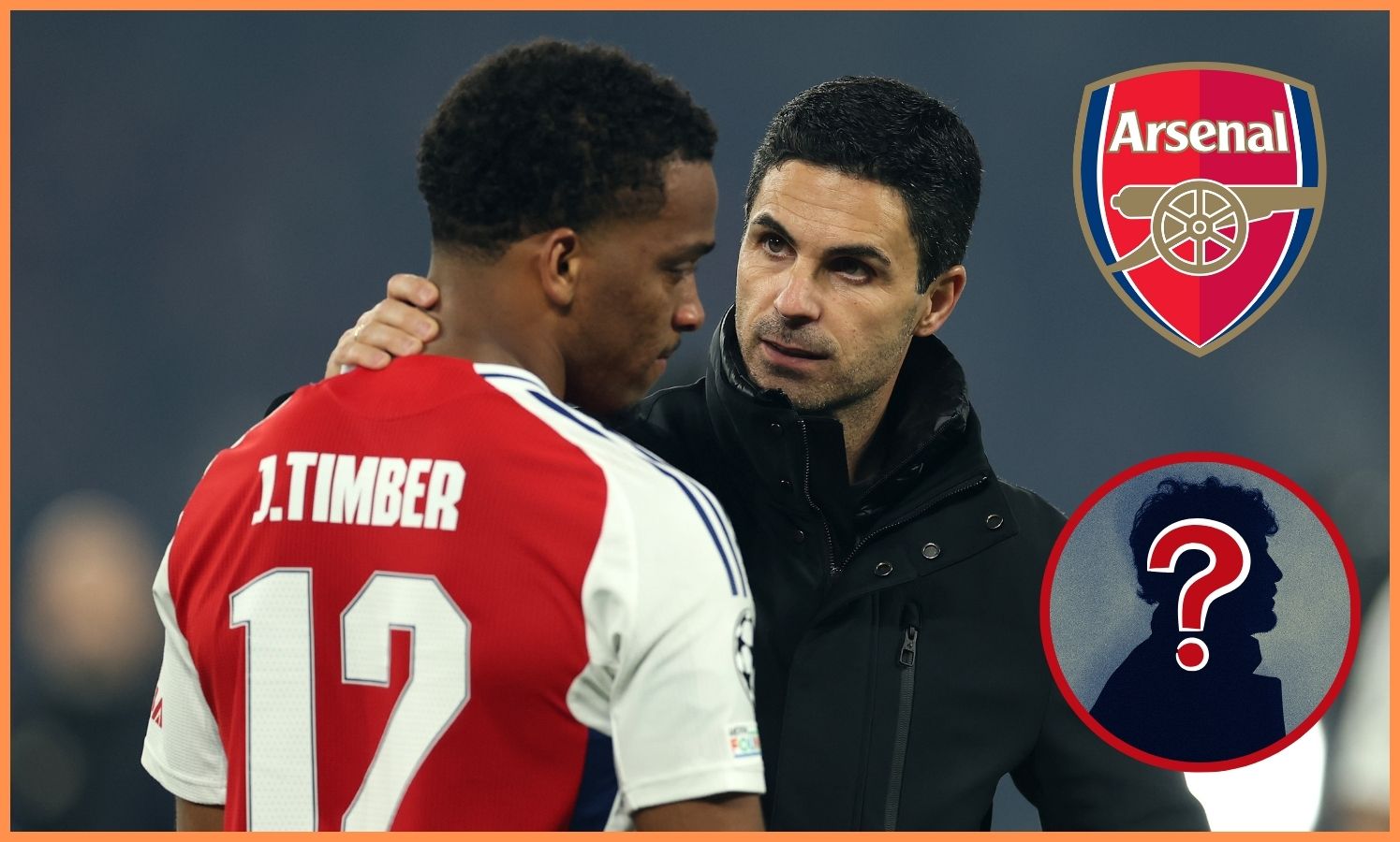 Jurrien Timber and Mikel Arteta