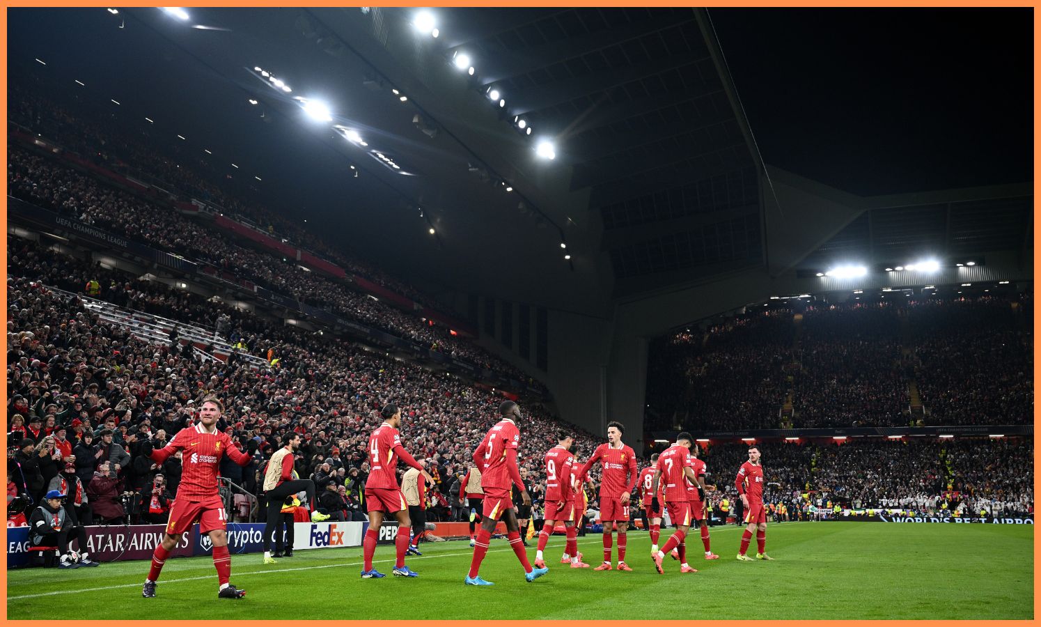 Alexis Mac Allister and his Liverpool teammates celebrate during the win over Real Madrid
