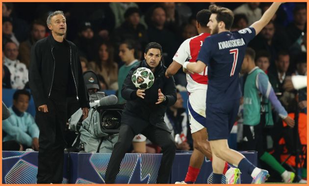 Mikel Arteta and Luis Enrique during the PSG vs Arsenal game