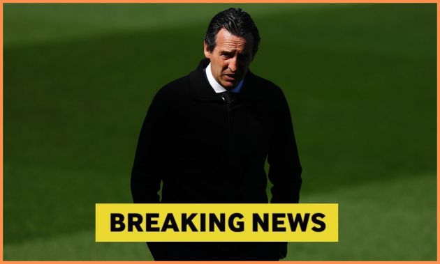 Aston Villa manager Unai Emery plus yellow 'breaking news' banner