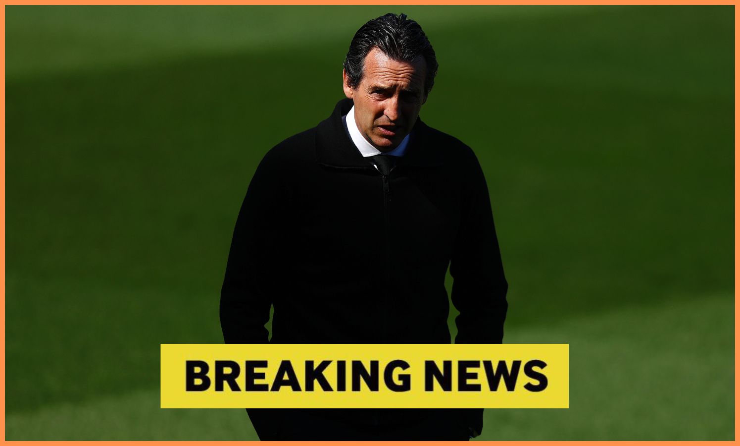 Aston Villa manager Unai Emery plus yellow 'breaking news' banner