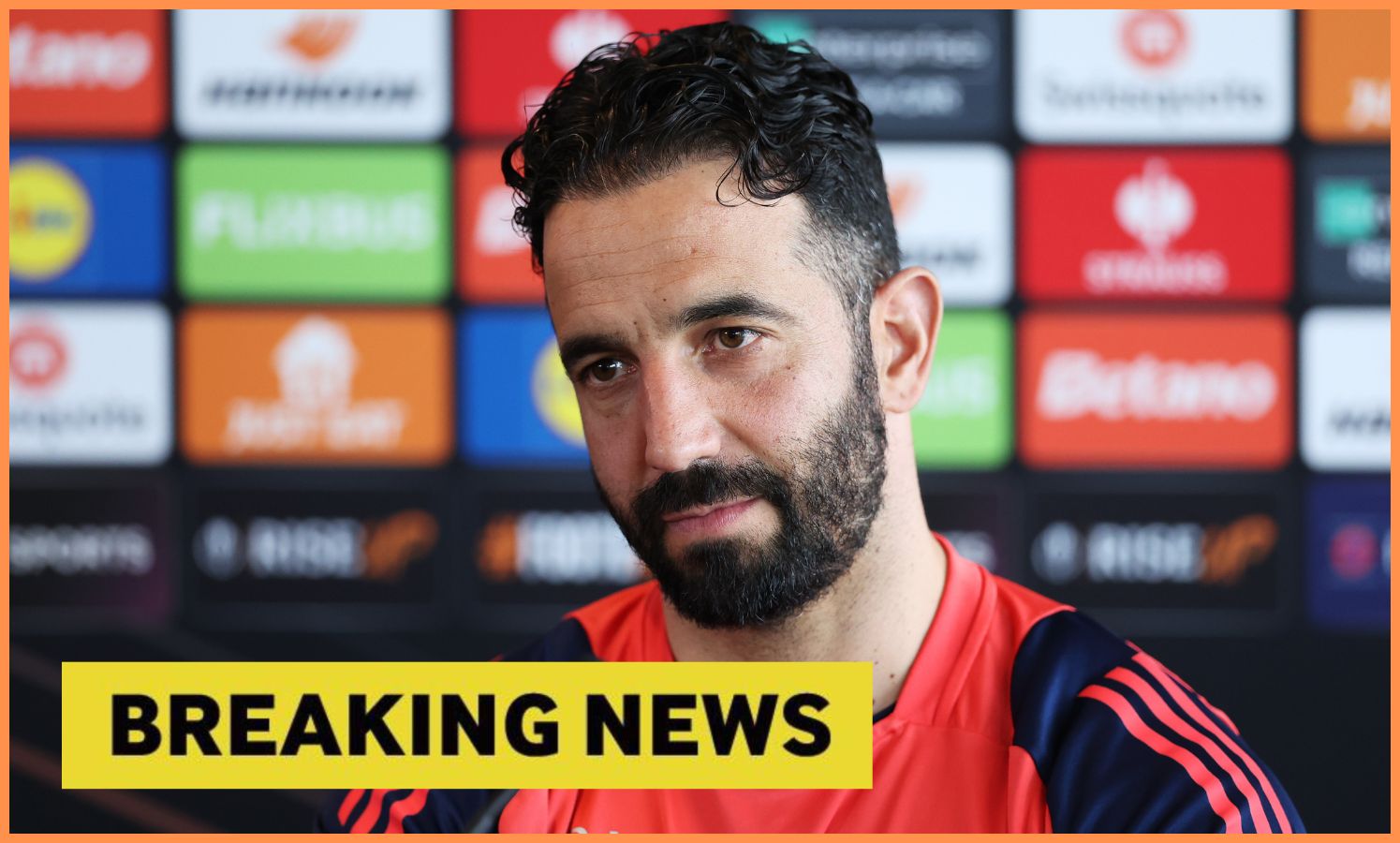 Ruben Amorim at his press conference, plus yellow 'breaking news' banner