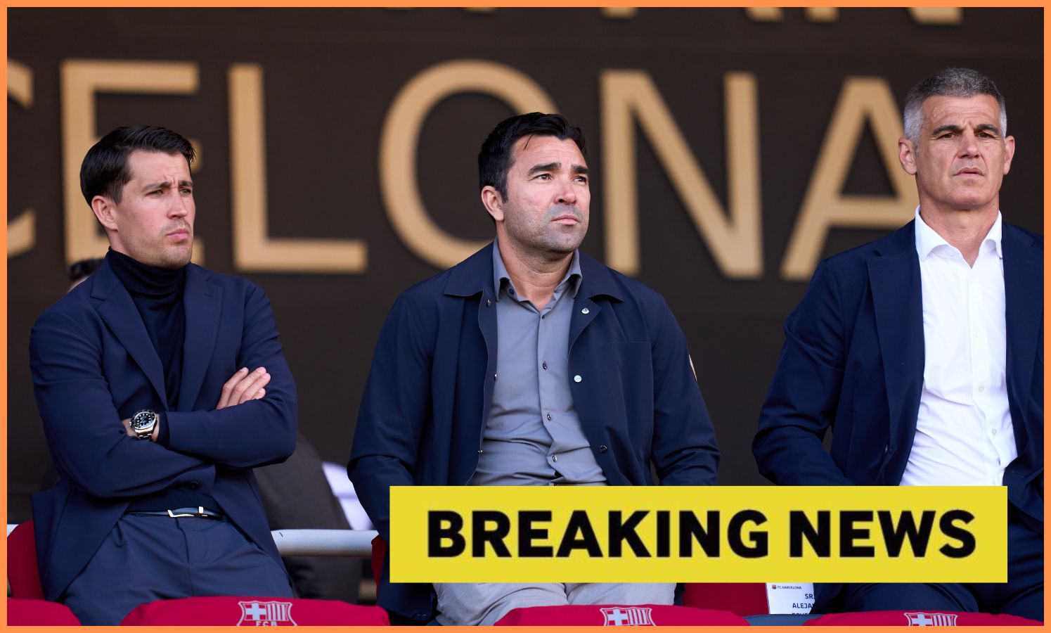 Barcelona director Deo, plus yellow 'breaking news' banner