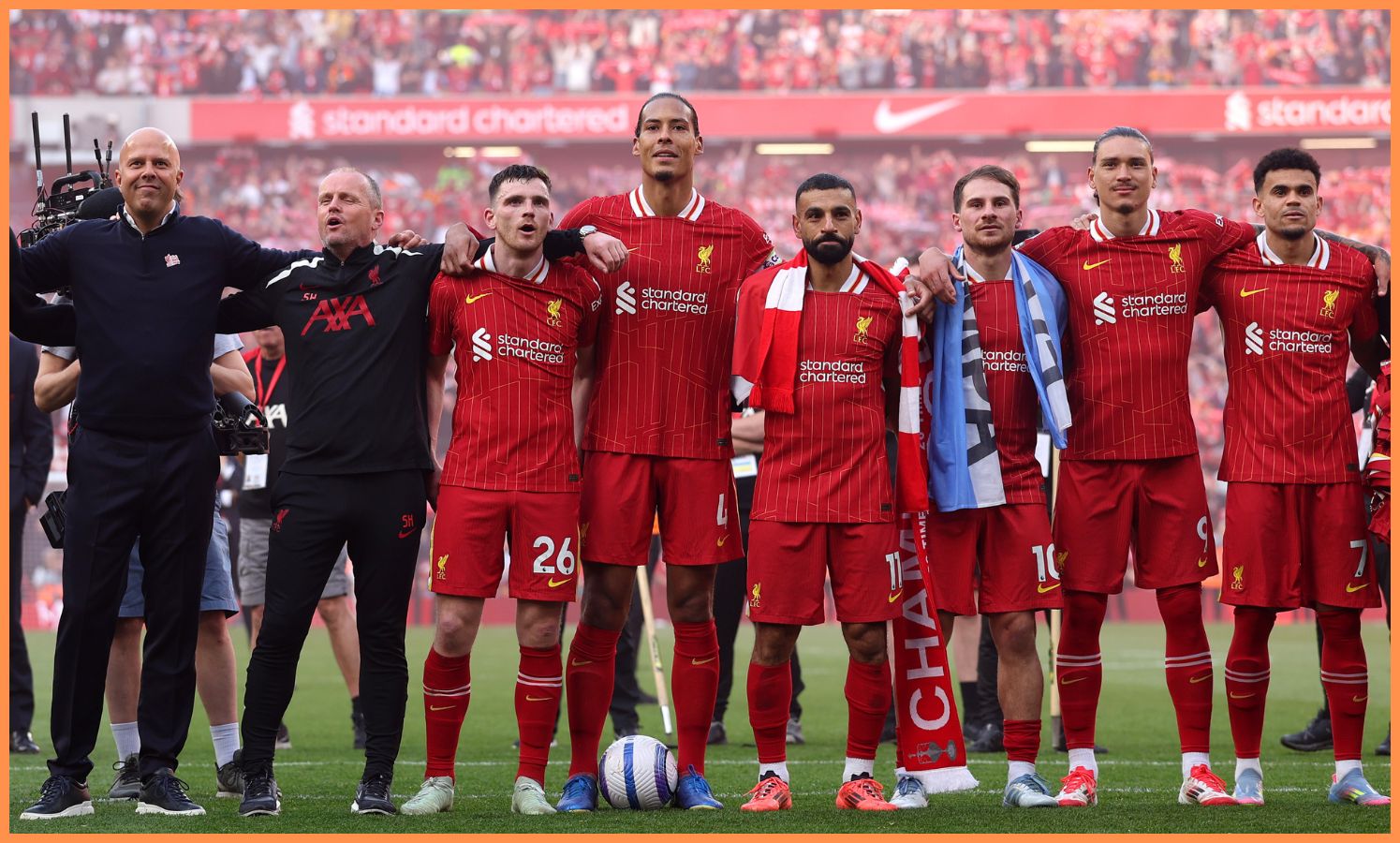 Virgil van Dijk, Mohamed Salah, Darwin Nunez and Luis Diaz celebrate Liverpool's title win at Anfield