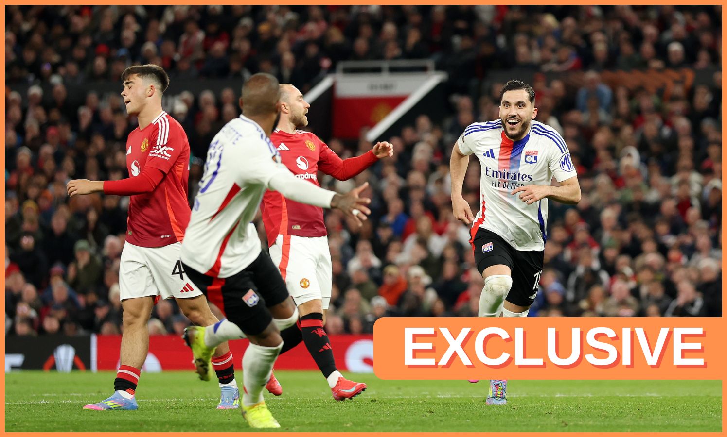 Rayan Cherki celebrates at Old Trafford