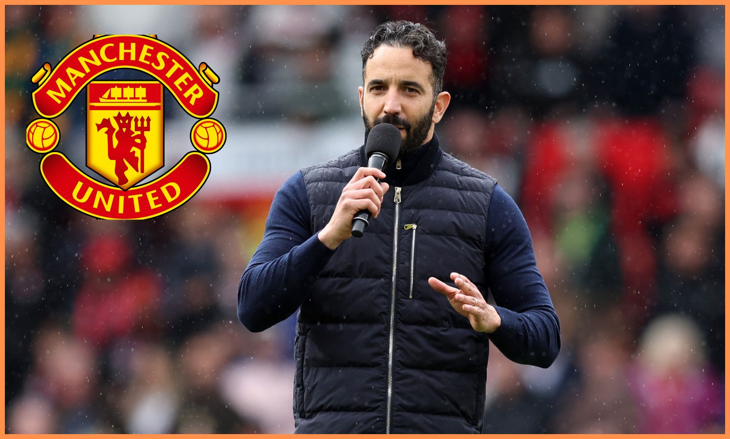 Manchester United manager Ruben Amorim speaking to the crowd at Old Trafford