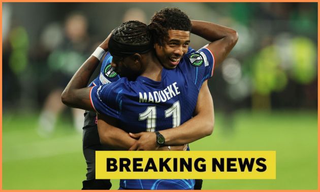 Noni Madueke hugs Wesley Fofana after Chelsea's win in the Europa Conference League final