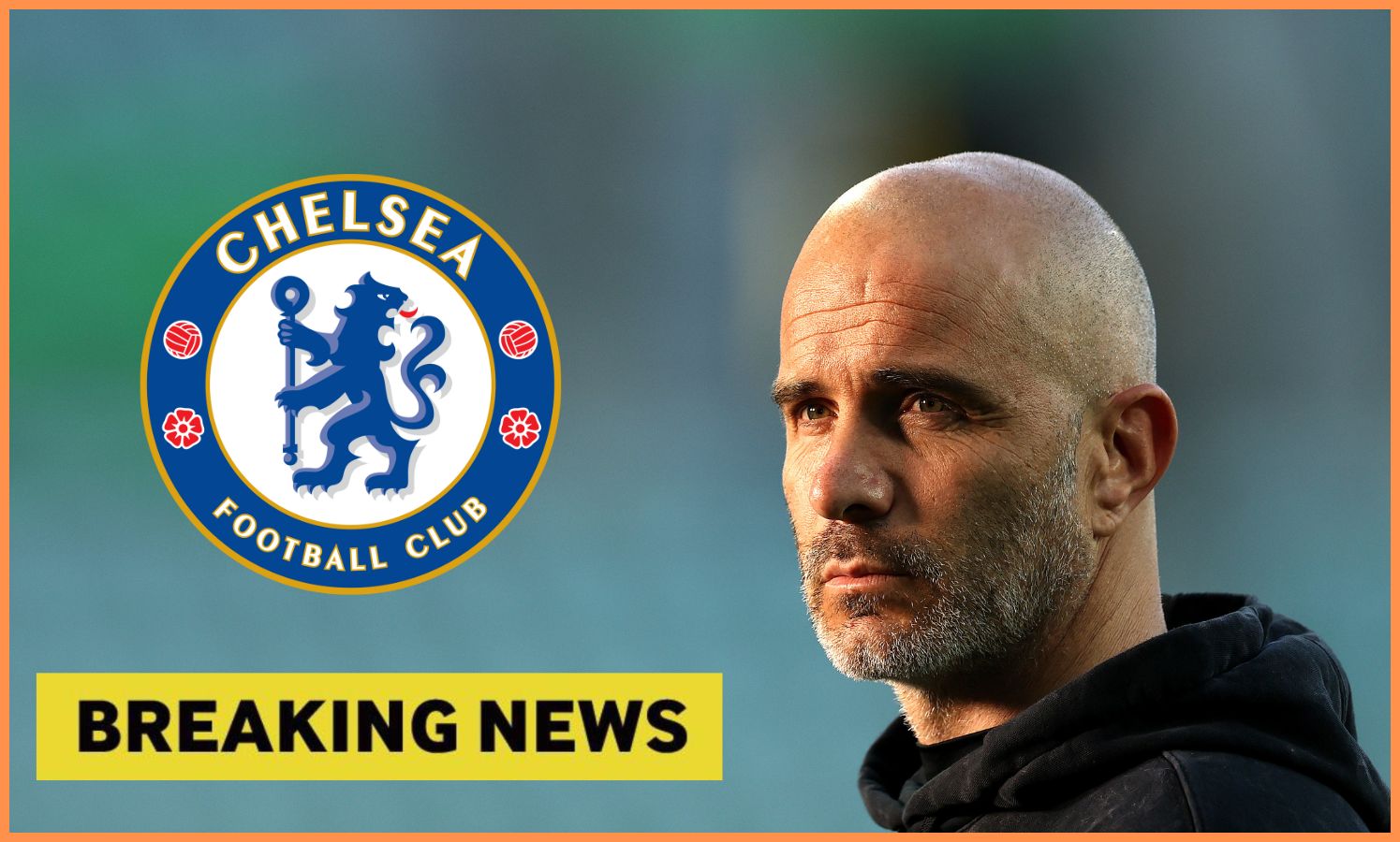 Chelsea manager Enzo Maresca and yellow 'breaking news' banner