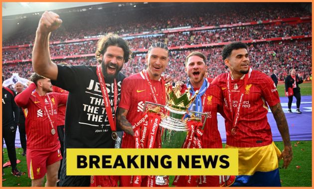 Luis Diaz and his Liverpool teammates celebrate with the Premier League trophy