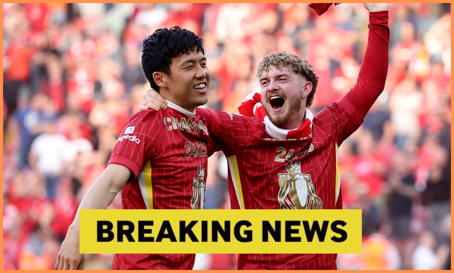 Wataru Endo and Harvey Elliott celebrate Liverpool's title victory
