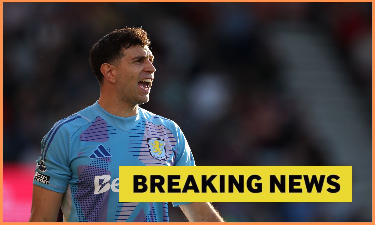Emiliano Martinez in action for Aston Villa, plus yellow 'breaking news' banner