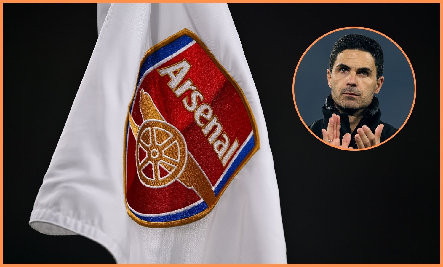 Arsenal logo on flag and manager Mikel Arteta