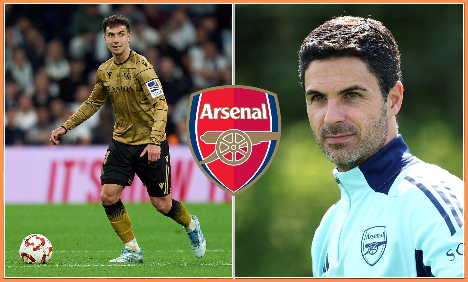 Martin Zubimendi of Real Sociedad and Mikel Arteta of Arsenal