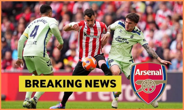 Alberto Moleiro in action for Las Palmas plus 'breaking news' banner