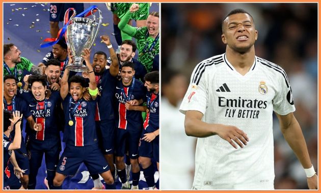 PSG players celebrating and Kylian Mbappe in action for Real Madrid
