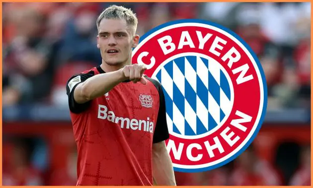 Florian Wirtz points at something on the pitch in front of Bayern Munich club crest.