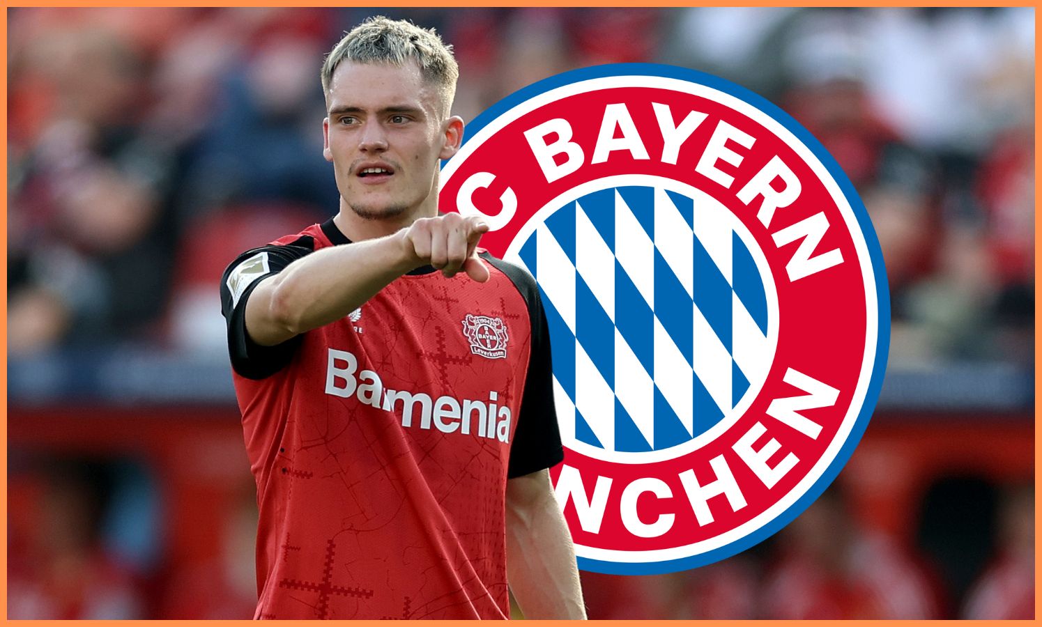 Florian Wirtz points at something on the pitch in front of Bayern Munich club crest.
