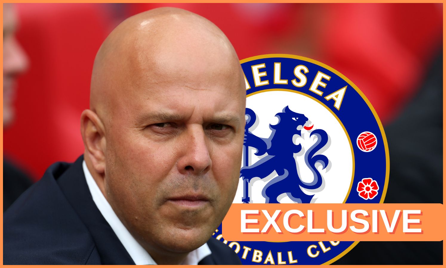Arne Slot looks disgruntled in front of Chelsea club crest.