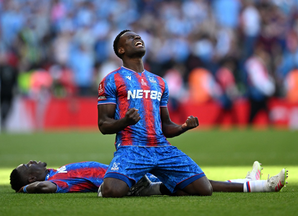 Marc Guehi celebrates after Crystal Palace beat Manchester City in the FA Cup final
